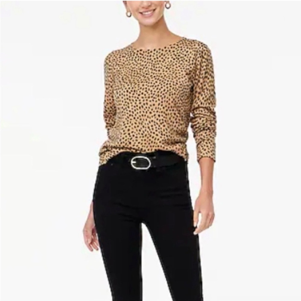 J.Crew Teddie Leopard Cheetah Print Cotton Long Sleeve Tee Top Large Tan Black - Picture 2 of 13